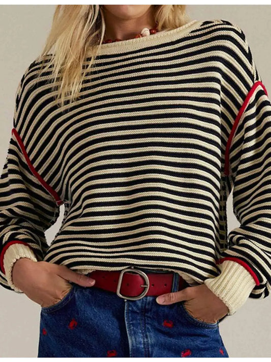 Striped Round Neck Dropped Shoulder Apricot Knit Sweater