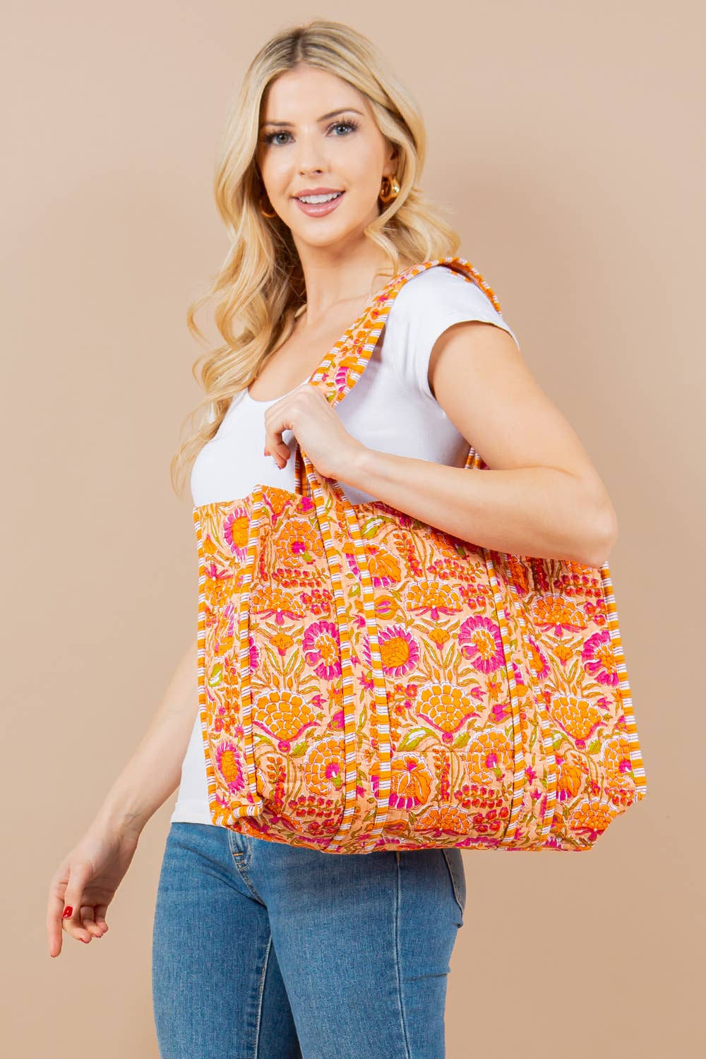 Quilted Tote Bag ORANGE PINK