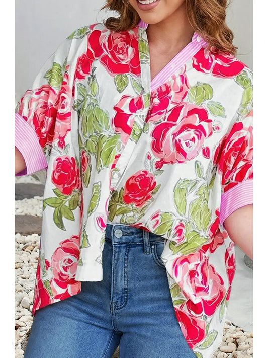 Flower Stripe Trim Frilled Collared Top