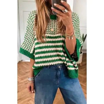 Green Striped Drape Sleeve Sweater