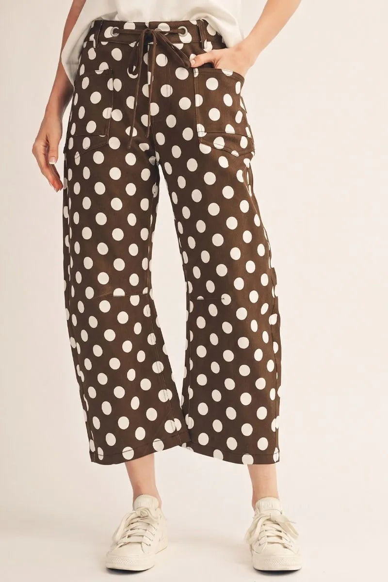Drawstring Waist Polka Dot Brown Barrell Pants