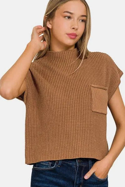 Washed Mock Neck Short Sleeve Sweater - Deep Camel